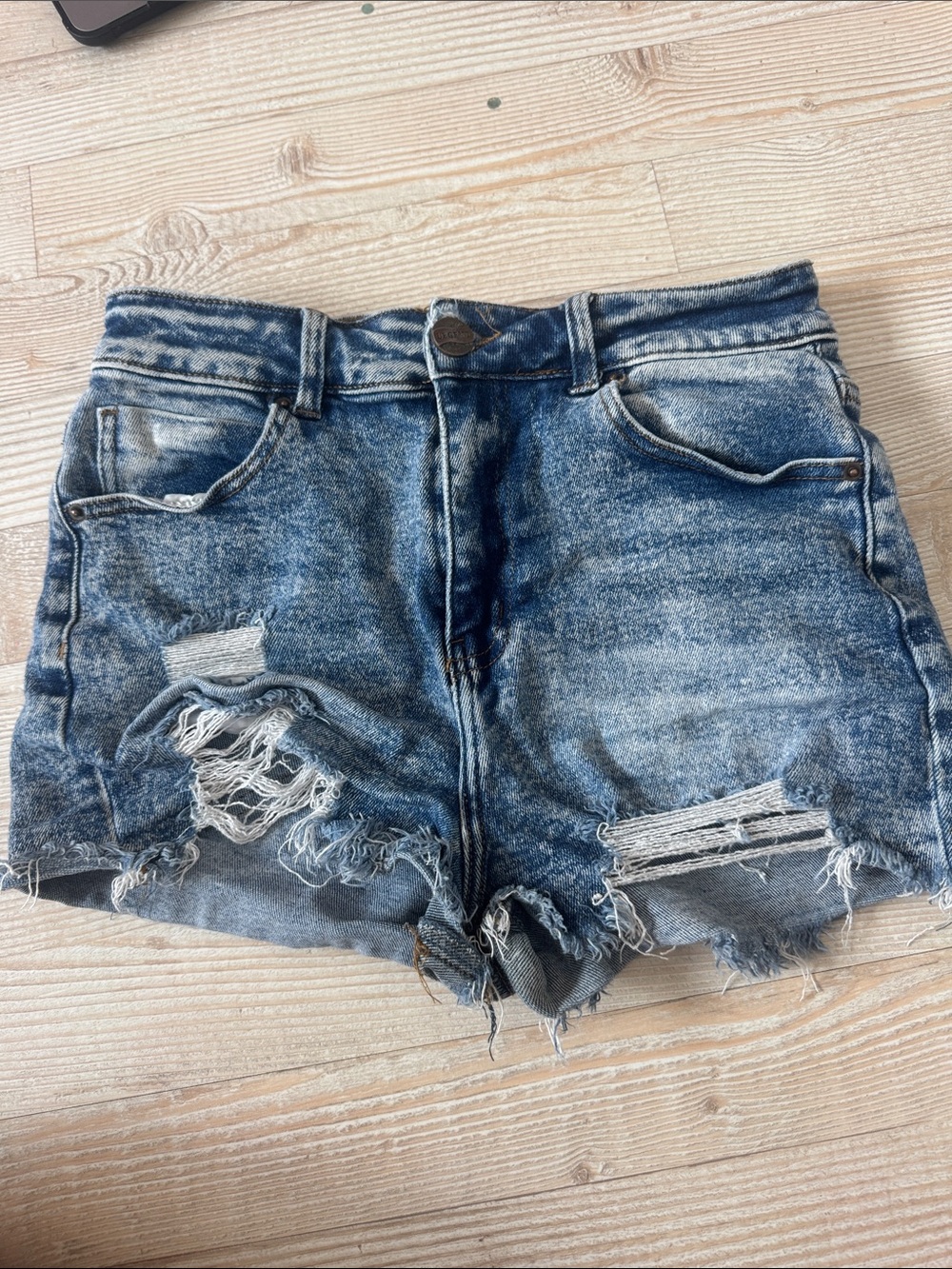 High-Rise Distressed Blue Denim Jean Shorts